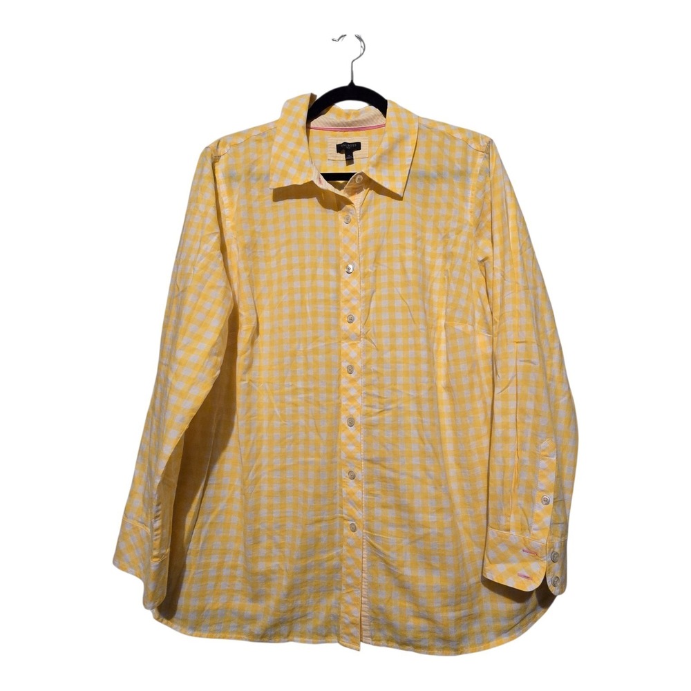 Talbots Gingham Cotton Shirt Womens Plus 1X Yellow Check Preppy Cotton Button Up